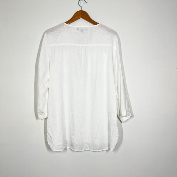 Ellen Tracy Linen Pullover Tunic Blouse White Sz L Half Zip Roll Tab Sleeves - Picture 7 of 12